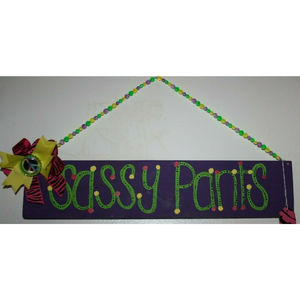 GIRLS SASSY PANTS WALL HANGING DECORATION BEADED HANGER PEACE BOW PURPLE/LIME